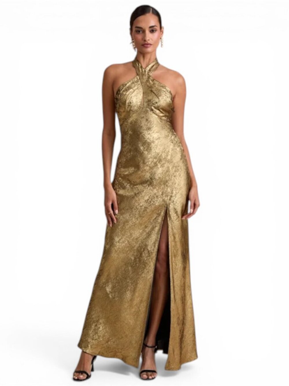 Lulus Knoxley Shiny Gold Lurex Cross-Front Halter Maxi Dress Evening Prom L